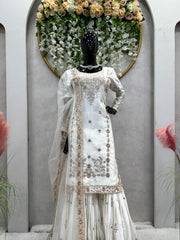 Classic Thread With Sequence Work White Color Sharara Suit