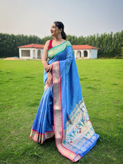 Innovative Sky Blue Color Paithani Weaving Saree