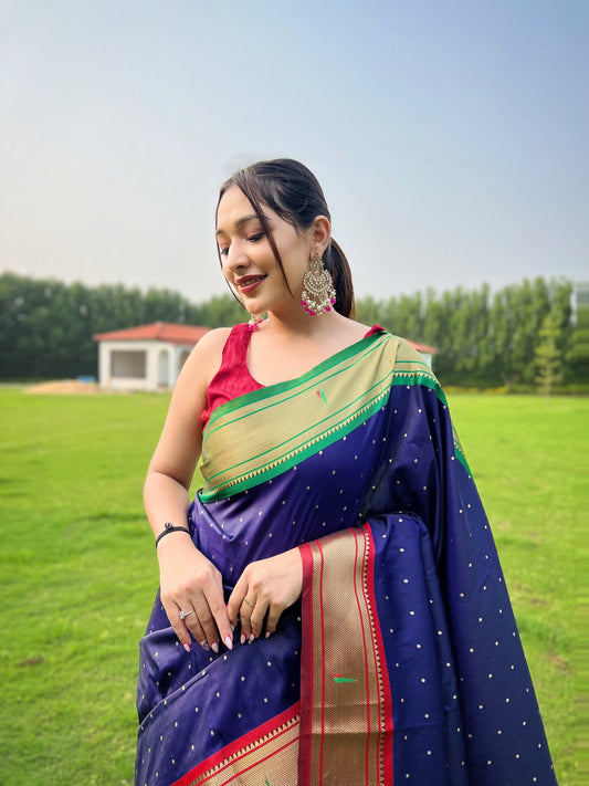 Innovative Navy Blue Color Paithani Weaving Saree