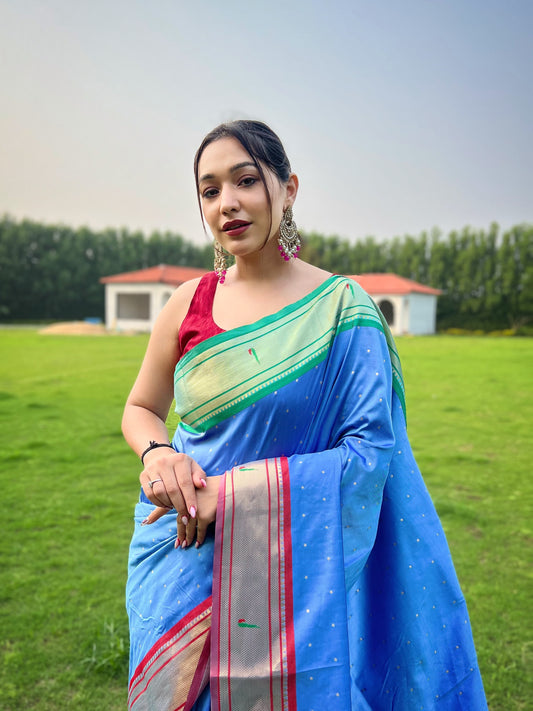 Innovative Sky Blue Color Paithani Weaving Saree