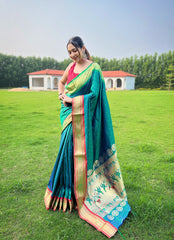 Innovative Aqua Blue Color Paithani Weaving Saree