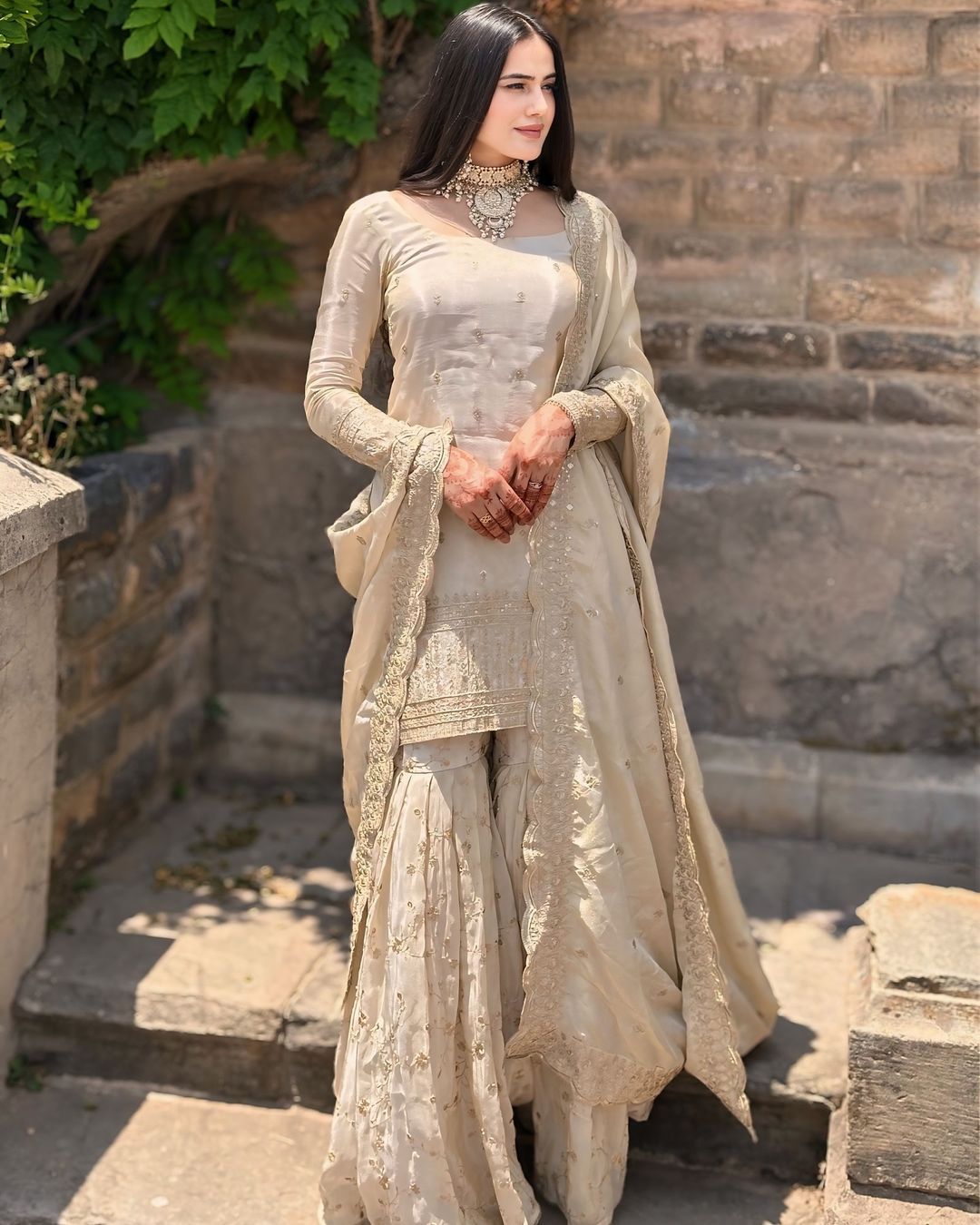 Beautiful Cream Colour Embroidery Sequence Work Sharara Suit