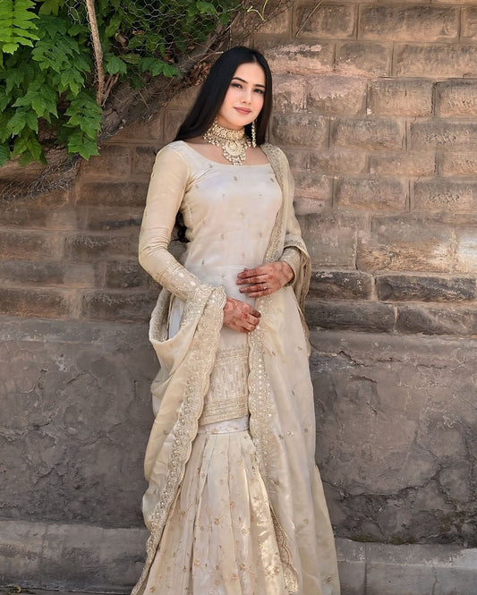 Beautiful Cream Colour Embroidery Sequence Work Sharara Suit