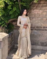 Beautiful Cream Colour Embroidery Sequence Work Sharara Suit