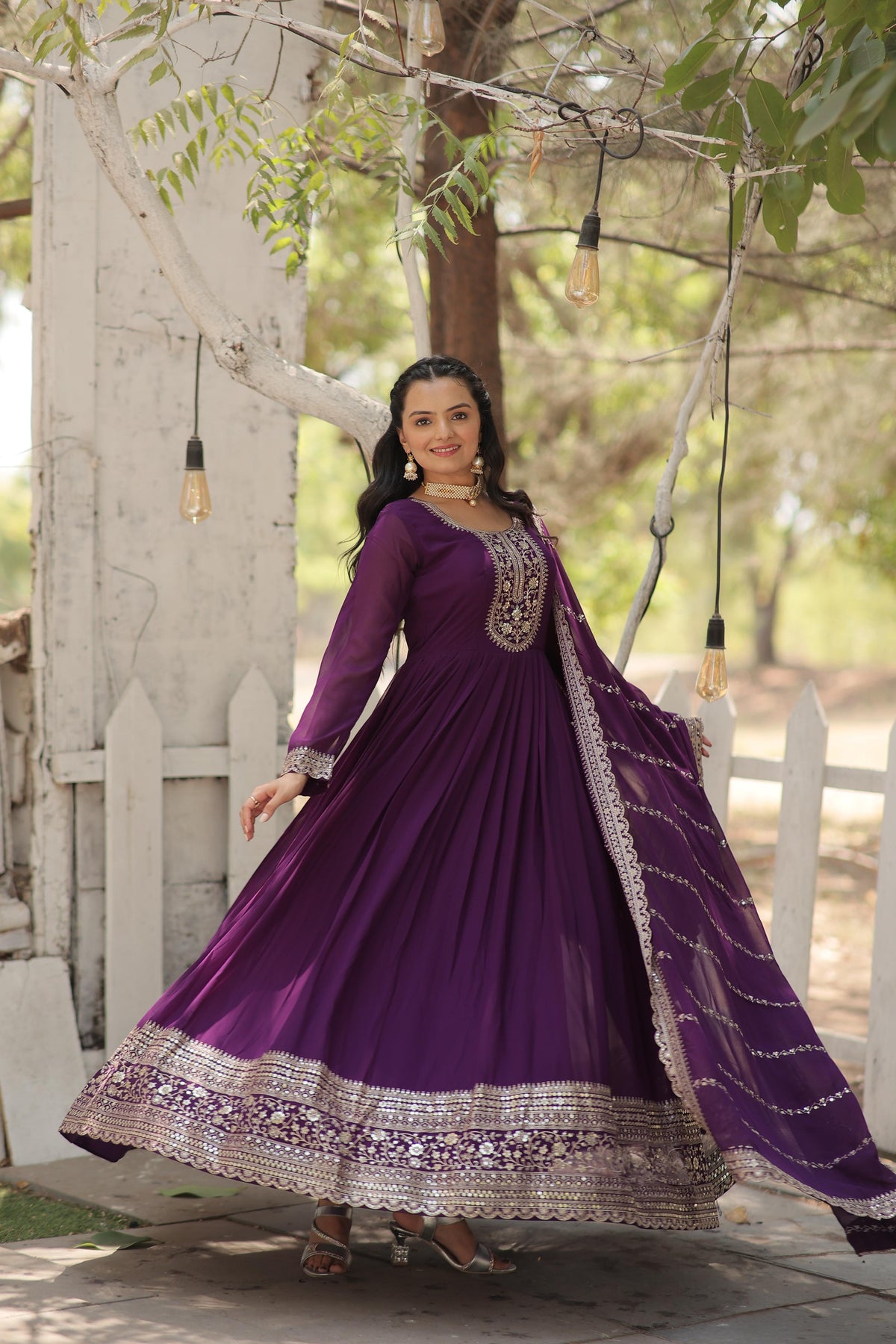 Fantastic Wine Color Embroidered Work Gown