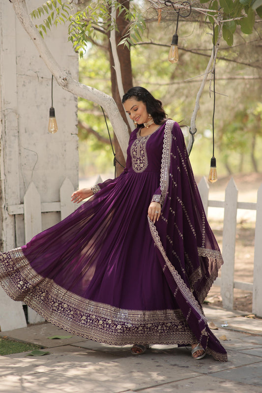 Fantastic Wine Color Embroidered Work Gown