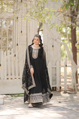 Fantastic Black Color Embroidered Work Gown