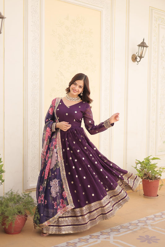 Attractive Embroidery Sequence Work Wine Color Gown