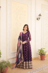 Attractive Embroidery Sequence Work Wine Color Gown