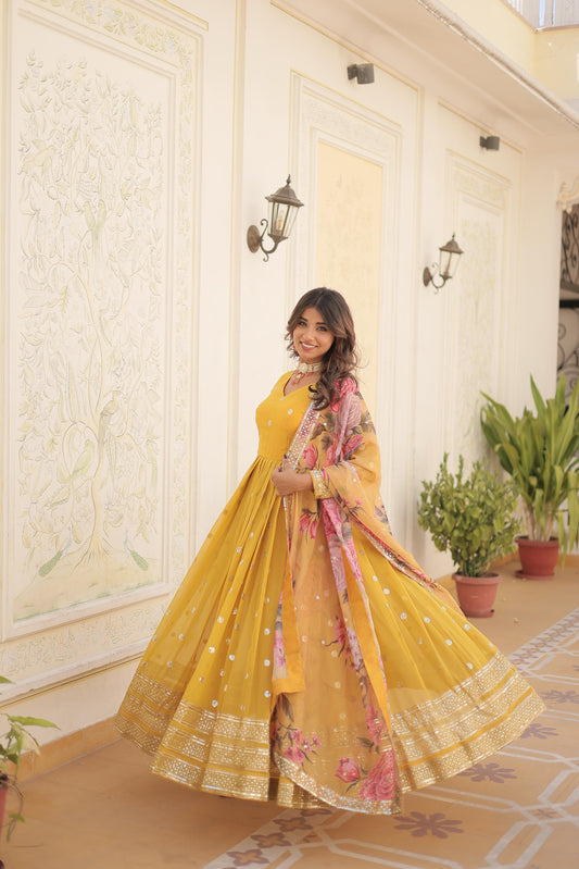 Attractive Embroidery Sequence Work Yellow Color Gown