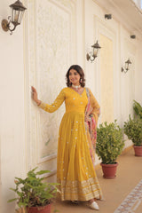 Attractive Embroidery Sequence Work Yellow Color Gown