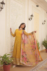 Attractive Embroidery Sequence Work Yellow Color Gown