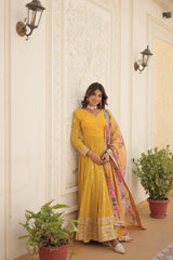 Attractive Embroidery Sequence Work Yellow Color Gown