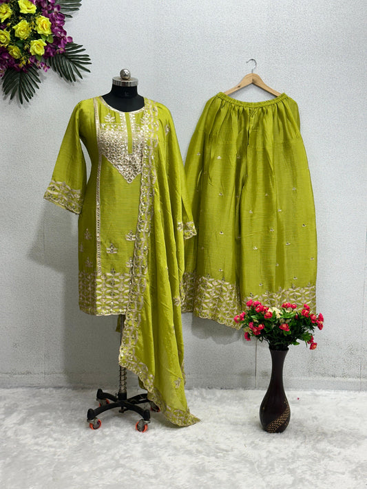 Stylish Green Color Embroidery Work Sharara Suit