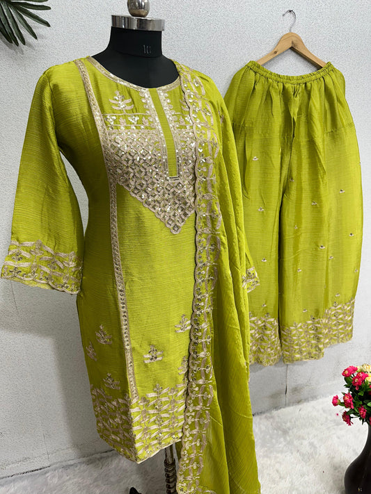 Stylish Green Color Embroidery Work Sharara Suit