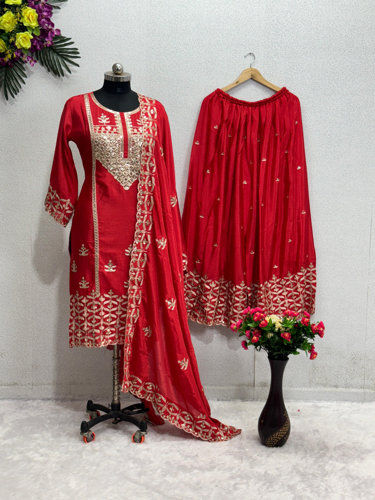 Stylish Red Color Embroidery Work Sharara Suit