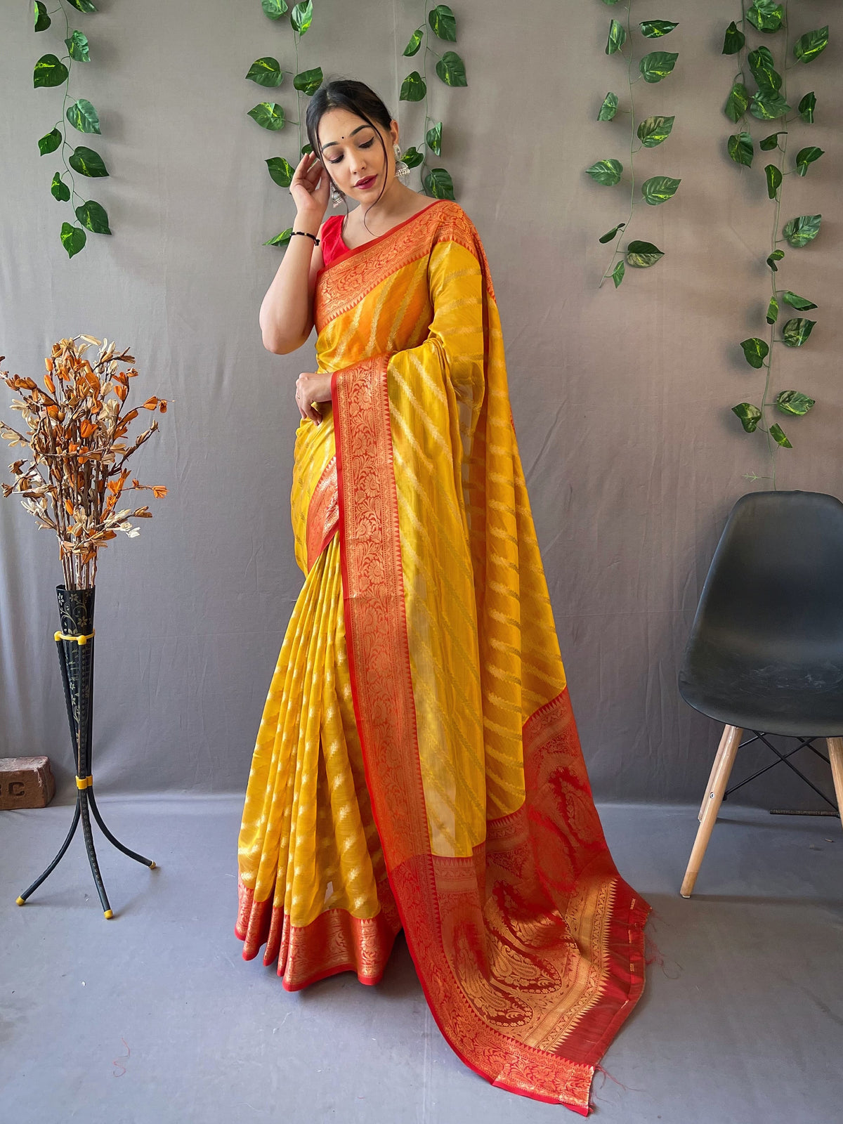 Festive Wear Musterd Color Organza Rich Pallu Saree