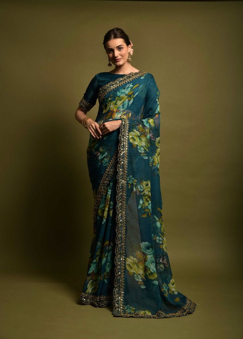 Casual Wear Blue Color Floral Printed Saree