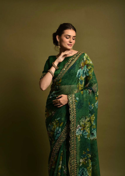 Casual Wear Green Color Floral Printed Saree