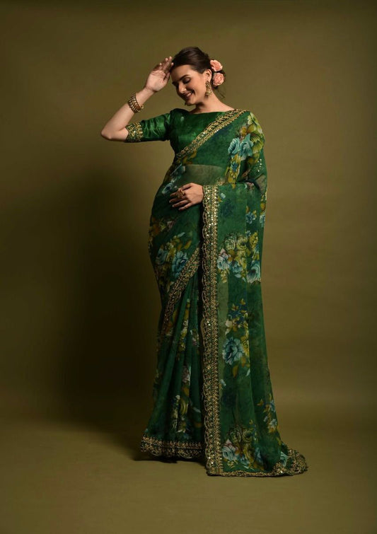 Casual Wear Green Color Floral Printed Saree