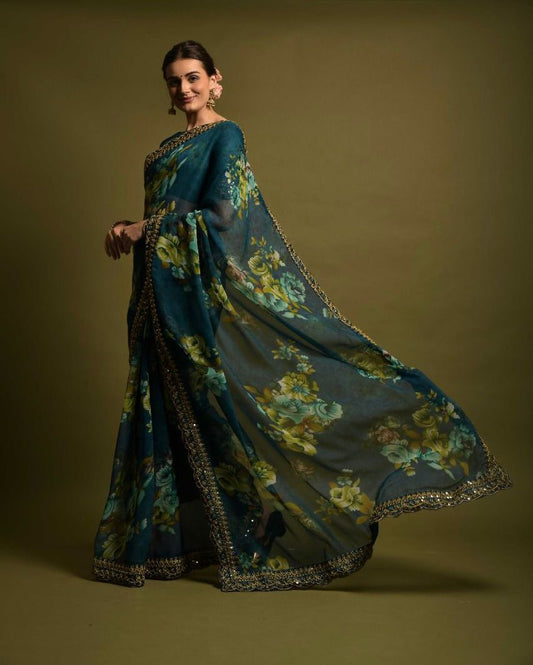 Casual Wear Blue Color Floral Printed Saree