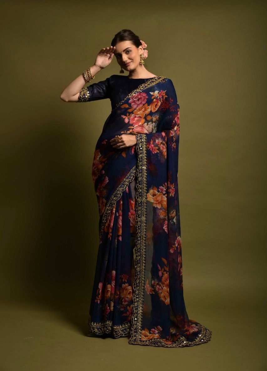 Casual Wear Navy Blue Color Floral Printed Saree