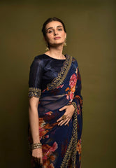 Casual Wear Navy Blue Color Floral Printed Saree