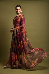 Casual Wear Maroon Color Floral Printed Saree