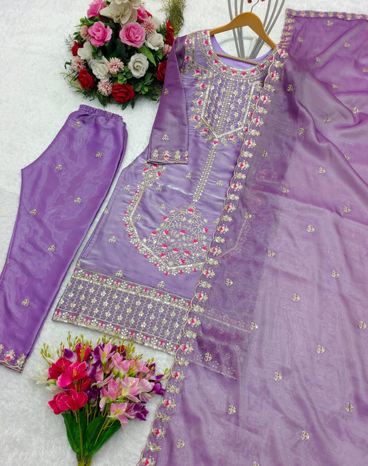 Innovative Lavender Color Shining Silk Salwar Suit