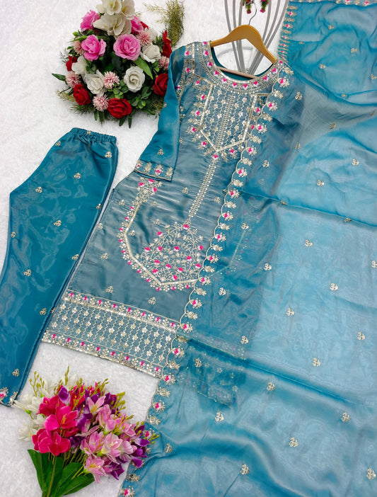 Innovative Sky Blue Color Shining Silk Salwar Suit