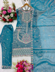 Innovative Sky Blue Color Shining Silk Salwar Suit