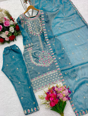 Innovative Sky Blue Color Shining Silk Salwar Suit