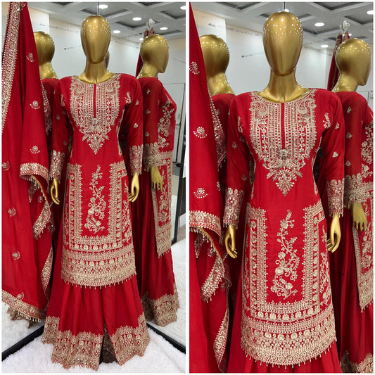 Attractive Embroidery Work Red Color Sharara Suit