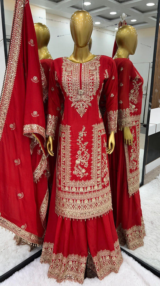 Attractive Embroidery Work Red Color Sharara Suit