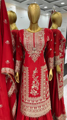 Attractive Embroidery Work Red Color Sharara Suit