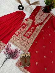 Attractive Embroidery Work Red Color Sharara Suit