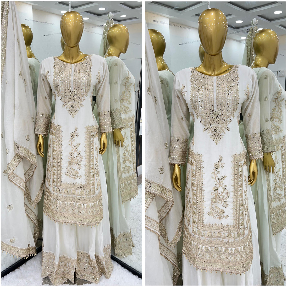 Attractive Embroidery Work White Color Sharara Suit