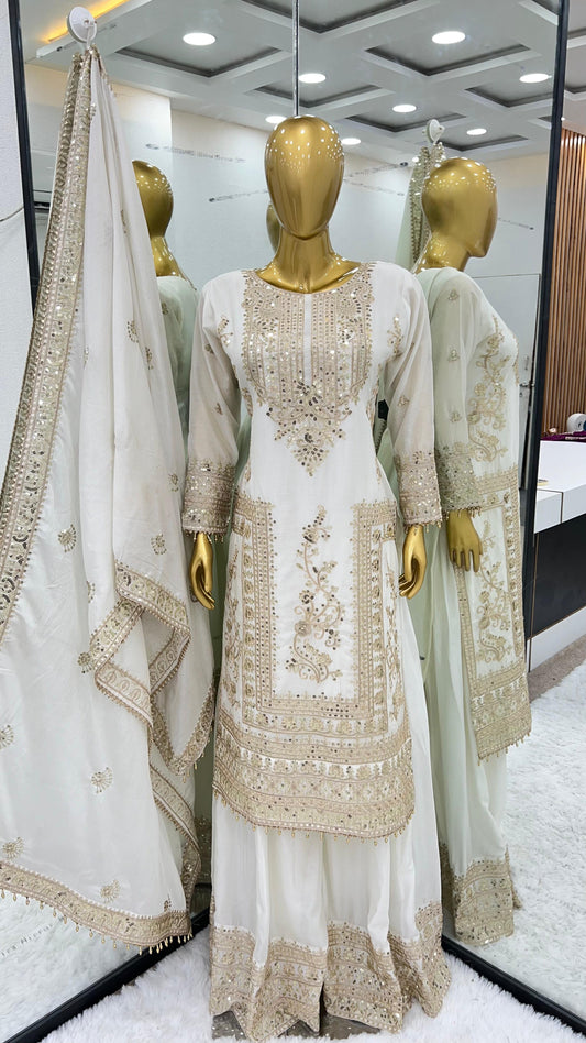 Attractive Embroidery Work White Color Sharara Suit