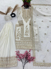 Attractive Embroidery Work White Color Sharara Suit