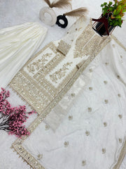 Attractive Embroidery Work White Color Sharara Suit