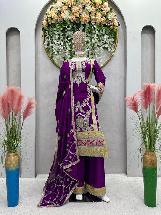 Glimmering Wine Color Sequence Work Sharara Suit