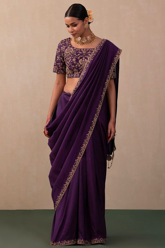 Bollywood Wine Silk with Heavy Embroidery Work Saree