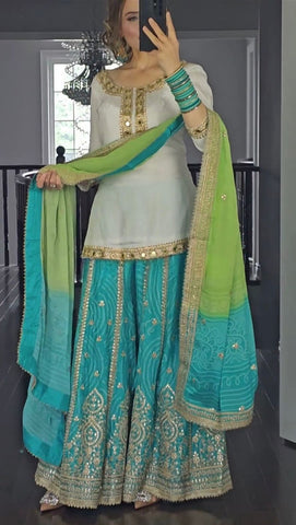 Opulent Georgette Sky Blue Color Sharara Suit