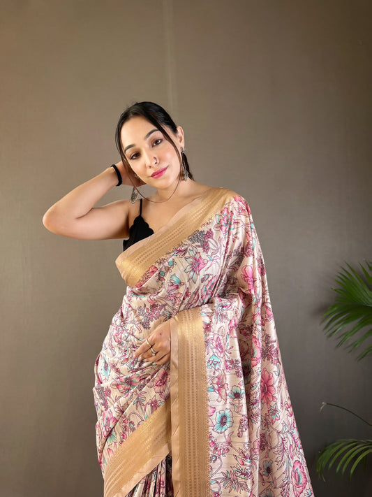 Gorgeous Digital Print Off White Color Silk Saree