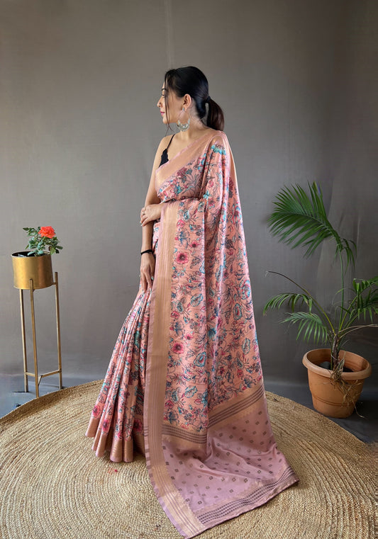 Gorgeous Digital Print Peach Color Silk Saree