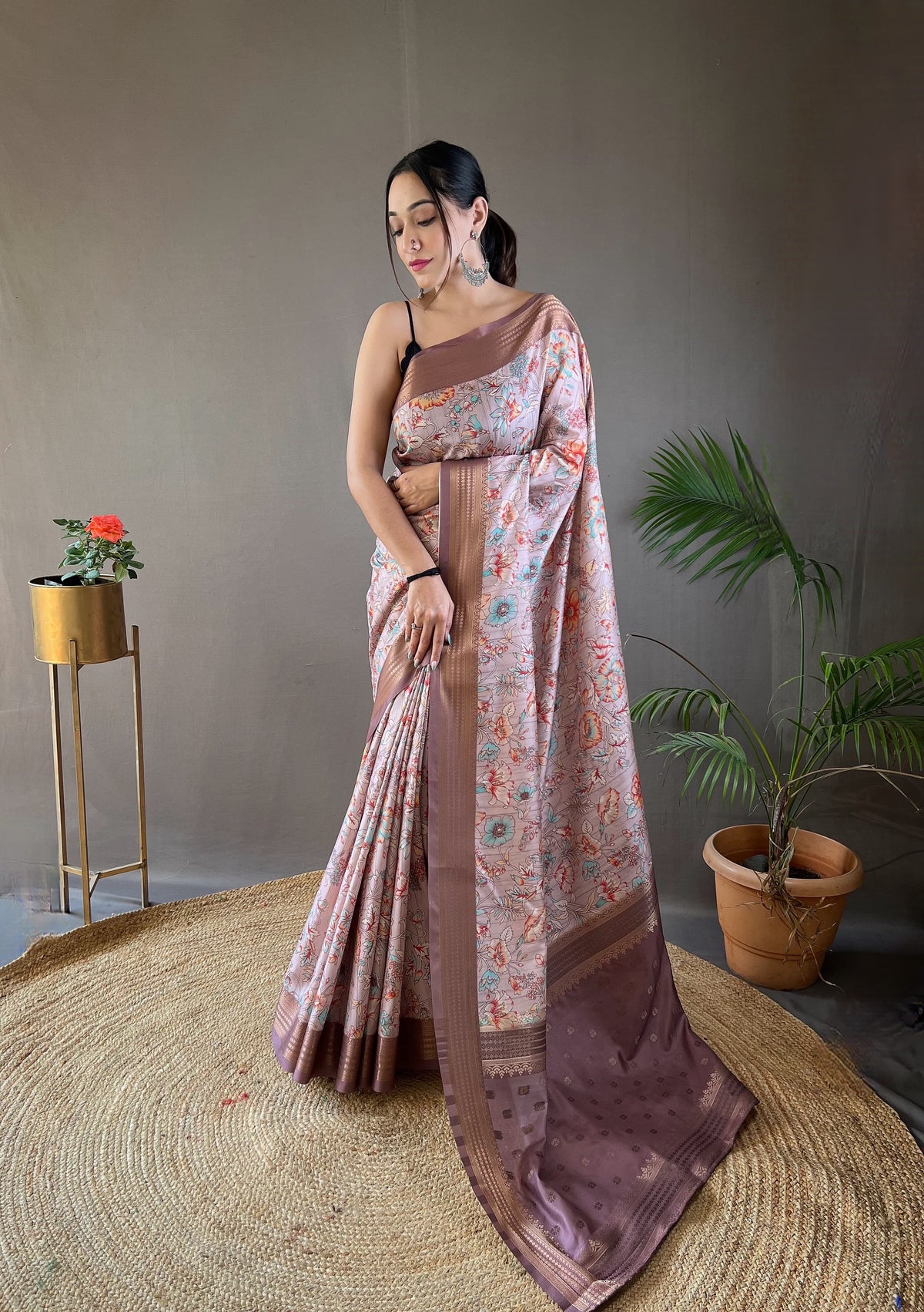 Gorgeous Digital Print Brown Color Silk Saree