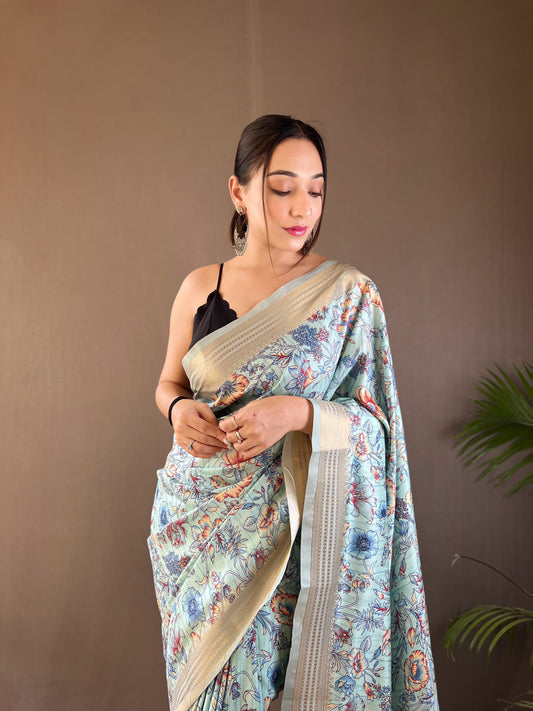 Gorgeous Digital Print Sky Color Silk Saree