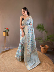 Gorgeous Digital Print Sky Color Silk Saree