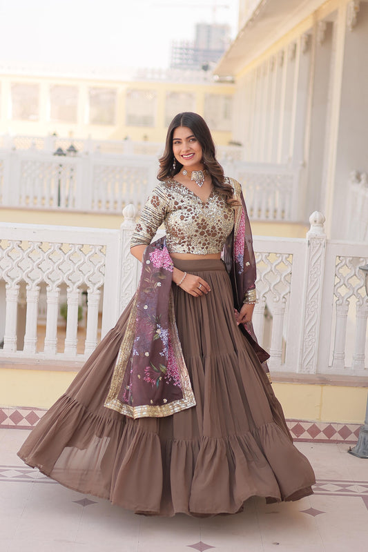 Fantastic Georgette Sequence Brown Color Lehenga Choli