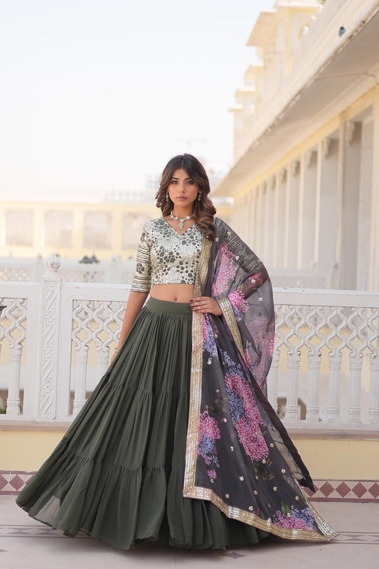 Fantastic Georgette Sequence Mehndi Wear Green Color Lehenga Choli